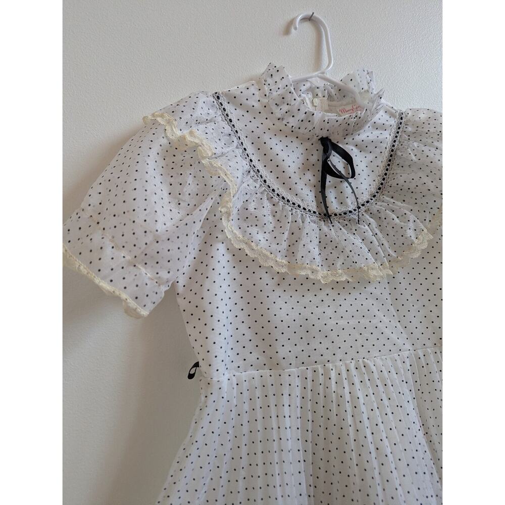 Vtg Merry Girl Dress 10 Sheer Polka Dot Black and White Pleated - Picture 2 of 7